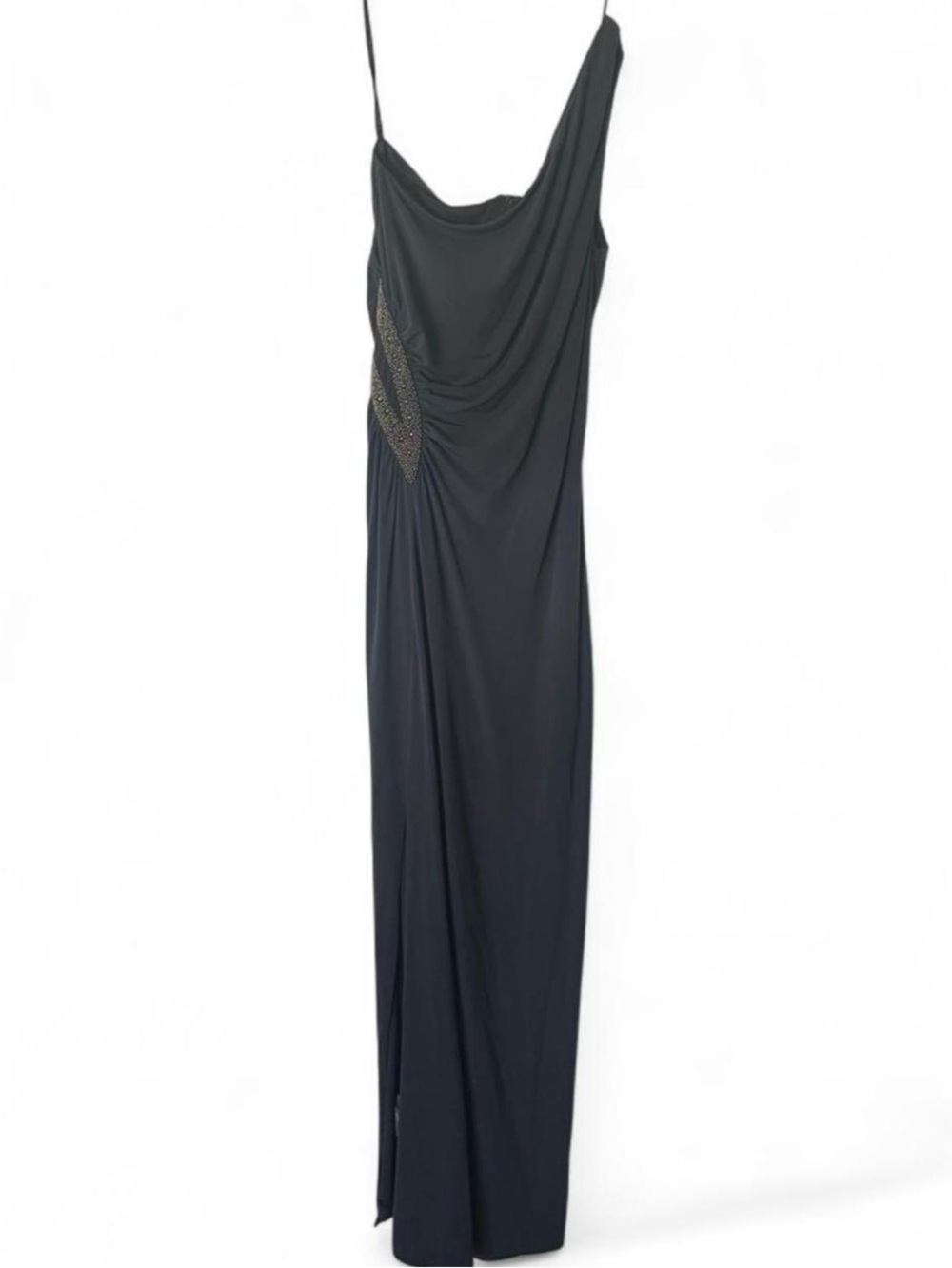 Calvin Klein One-Shoulder Black Evening Gown with Side Embellishment